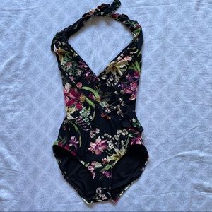 Black and Pink Floral Swimsuit